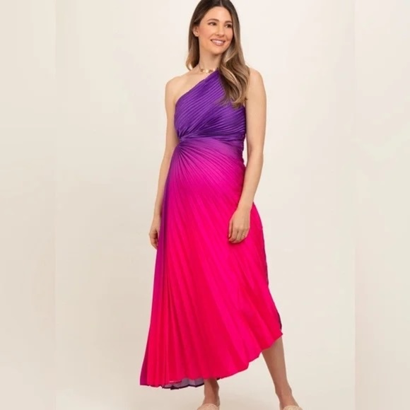 Pinkblush Purple Ombre Pleated Asymmetrical Maternity Maxi Dress - Picture 1 of 8